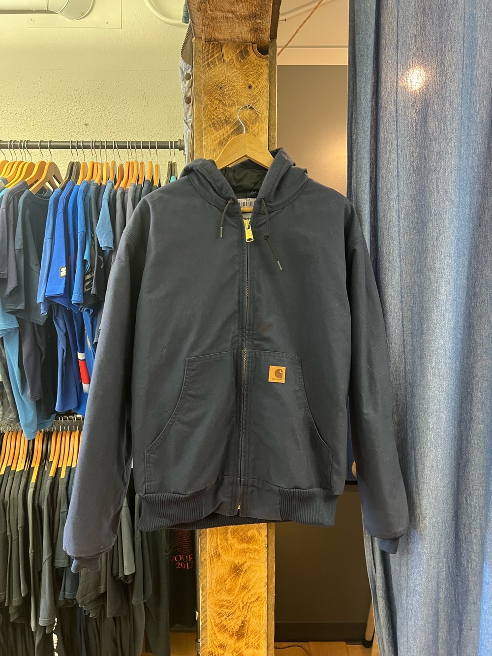 Vintage Carhartt Men's Navy Hooded Zip-Up Work Jacket